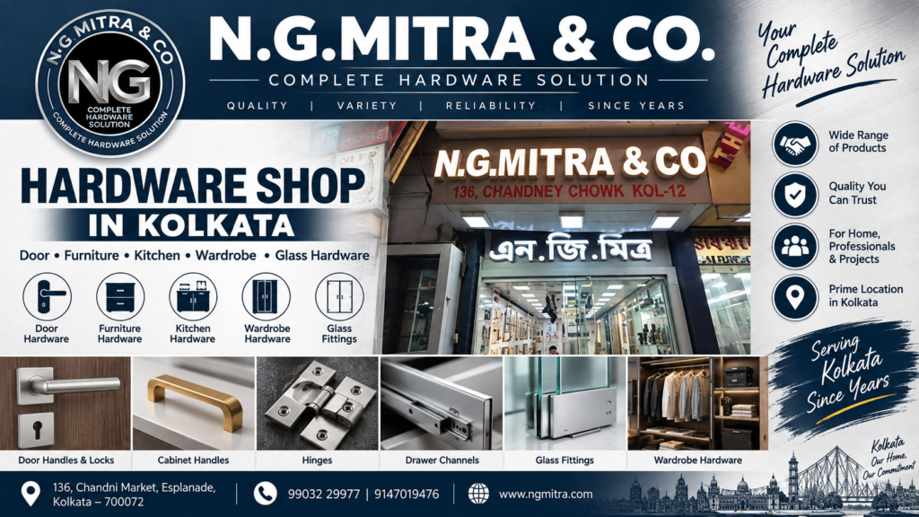 Hardware shop in Kolkata at Chandni Market Door and furniture hardware shop in Kolkata NG MITRA & CO. hardware products in Esplanade Cabinet handles and kitchen hardware in Kolkata Door locks and architectural hardware shop in Kolkata